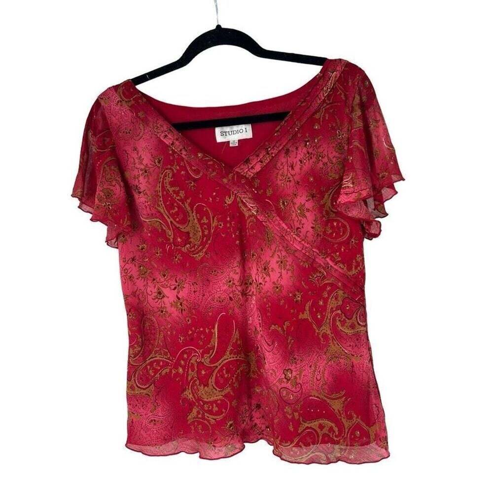 Y2K‎ Red Pink Paisley Print V Neck Flutter Short Sleeve Top Women’s